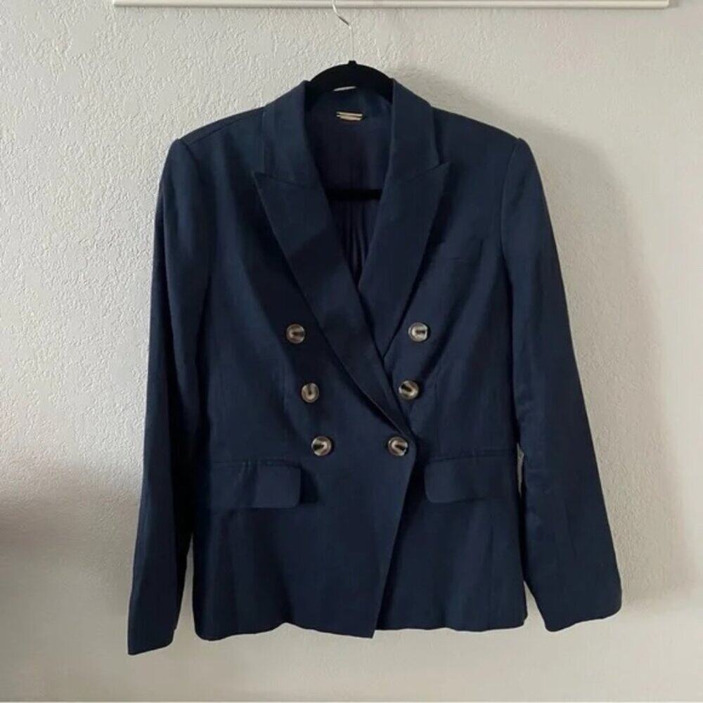 Magaschoni Navy Blue Linen Double Breasted Blazer